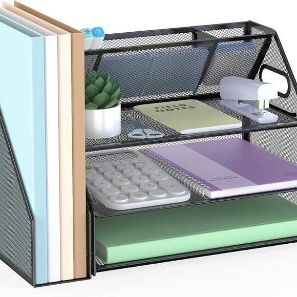 Stylish Black Metal Mesh 3-Tier Paper Organizer - Perfect for Office & Home - Picture 1 of 7